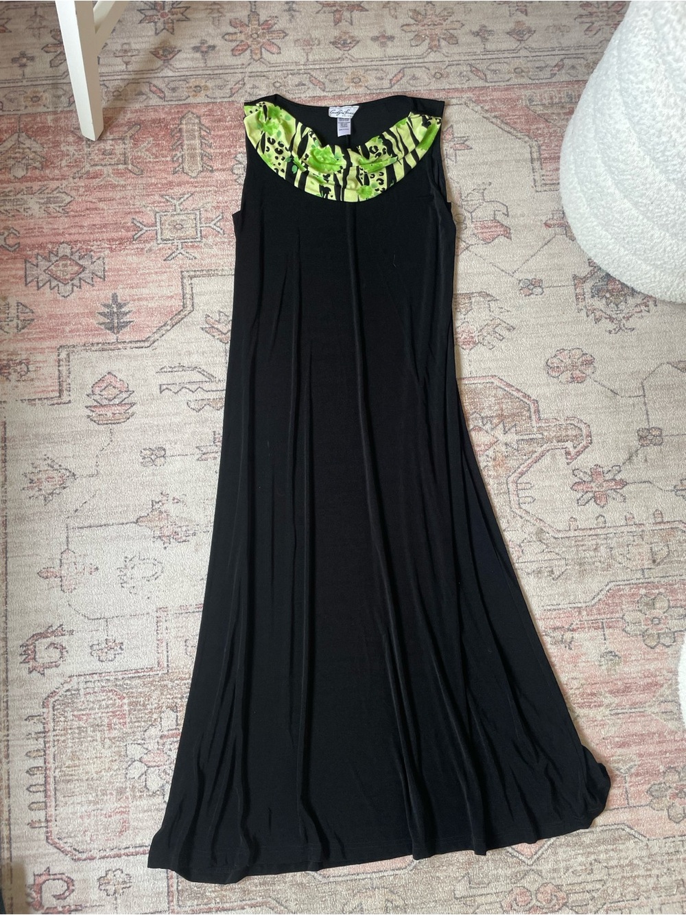 Y2k Carolyn Strauss Whimsygoth Black Maxi Dress w Green Animal Print Womens L